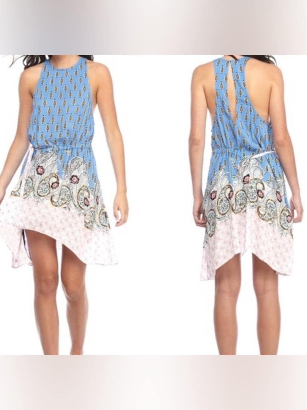 Free People Blue and Pink Paisley Halter Mini Dress